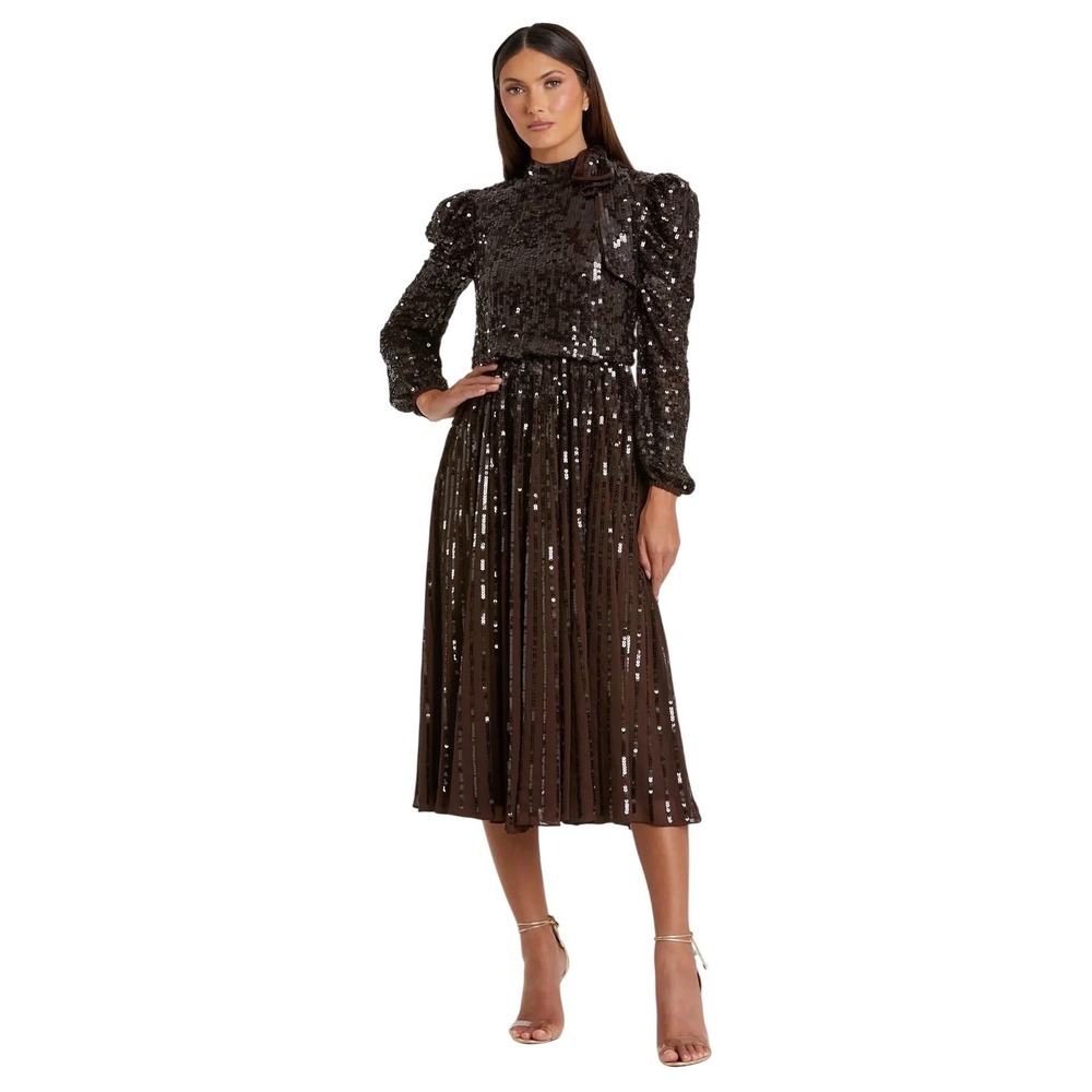 Mac Duggal 93642 Midi Dress Brown Mock Neck Bow Pleated Long Sleeve Size 10